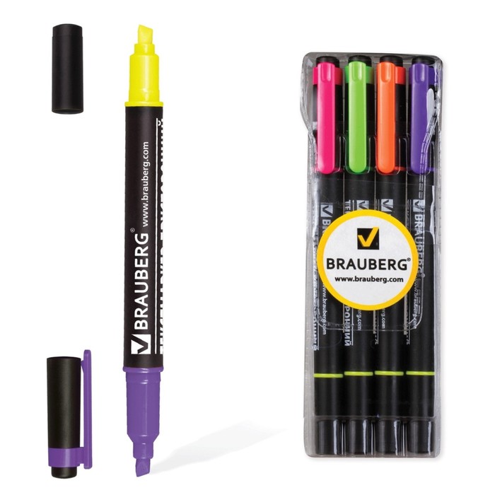 Набор маркеров текстовыделителей 4цв 1.0/4мм BRAUBERG (лим-роз, зел, оранж, фиол) 150845