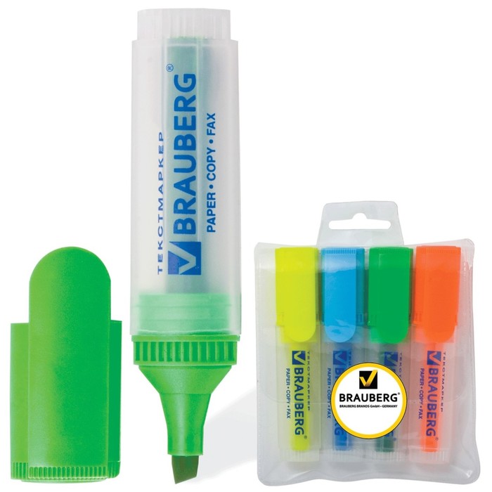 Набор маркеров текстовыделителей 4цв 1.0/5мм BRAUBERG "FLUO" (лим, гол, зел, оран) 150403