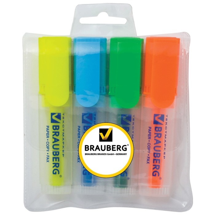 Набор маркеров текстовыделителей 4цв 1.0/5мм BRAUBERG "FLUO" (лим, гол, зел, оран) 150403