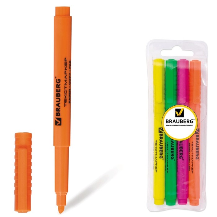 Набор маркеров текстовыделит 4цв 1.0/3мм BRAUBERG "FLUOline" (лим, роз, зел, оран) 150416