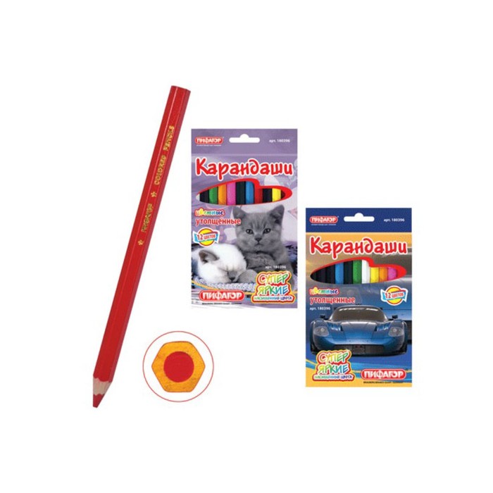 Карандаши ПИФАГОР "Котята, Автомобили", 12 цветов, утолщенный корпус, яркие цвета