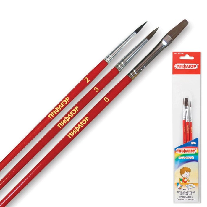 Набор кистей Пифагор, 3 шт, круглая №2,3, плоская №6
