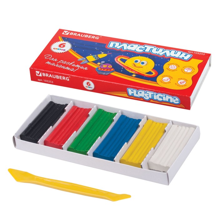 Пластилин 6цв 120г BRAUBERG, со стеком, картонная упаковка 103253