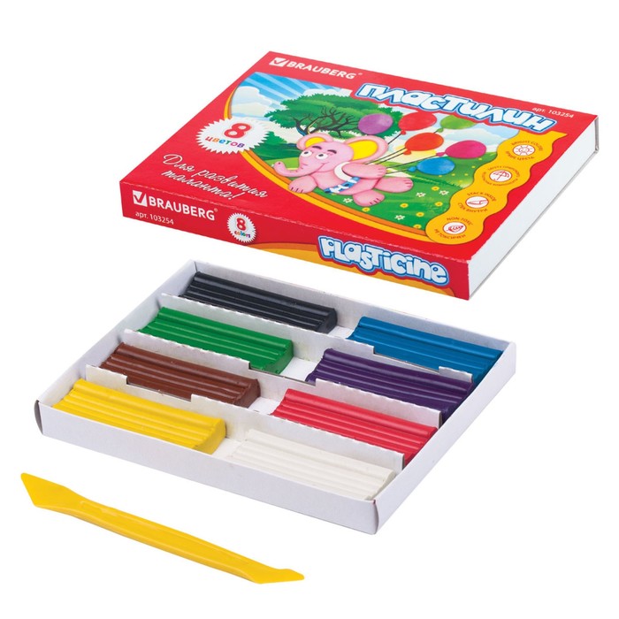 Пластилин 8цв 160г BRAUBERG, со стеком, картонная упаковка 103254