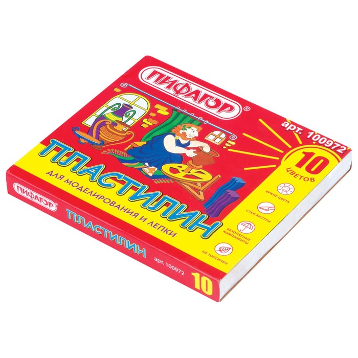 Пластилин ПИФАГОР, 10 цветов, 200 г, со стеком