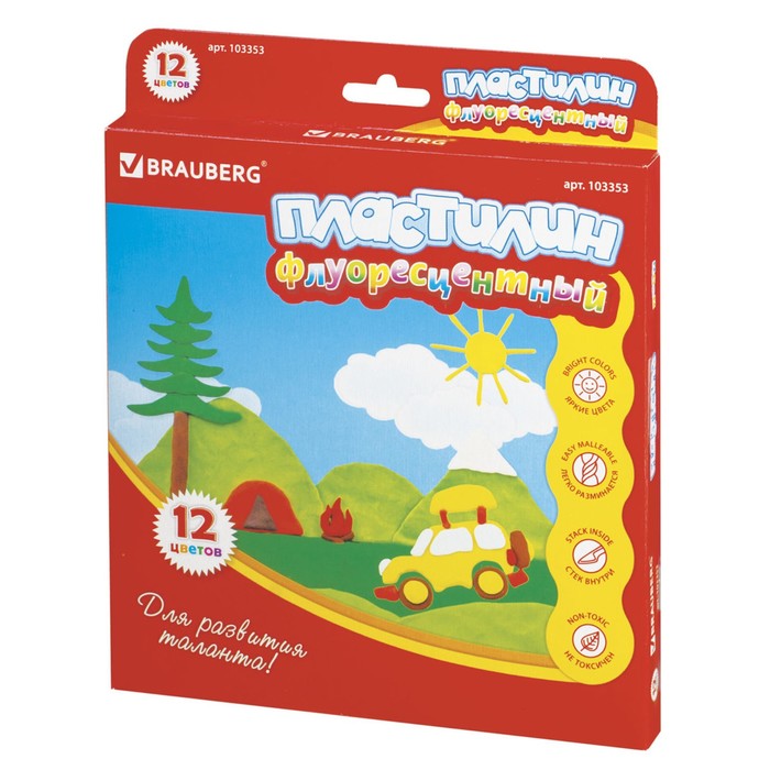 Пластилин флуоресцентный 12цв 180гр BRAUBERG, со стеком, карт.упаковка 103353