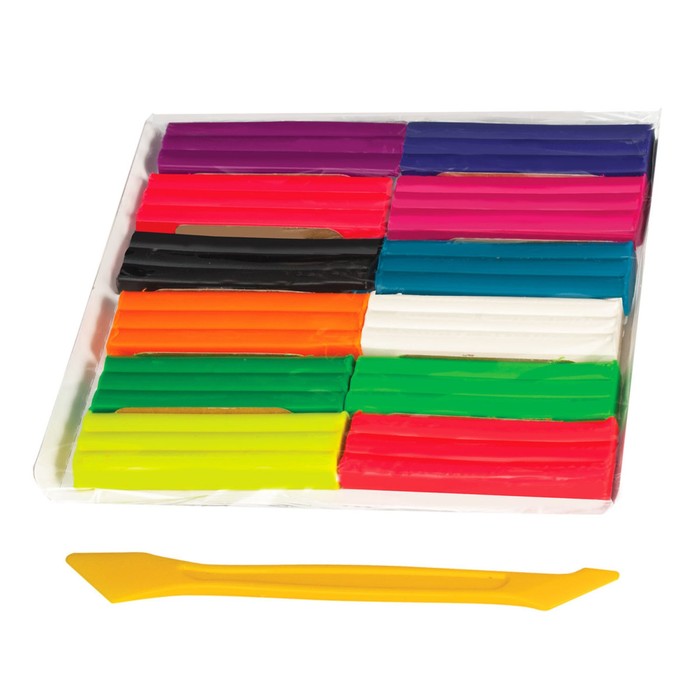 Пластилин флуоресцентный 12цв 180гр BRAUBERG, со стеком, карт.упаковка 103353