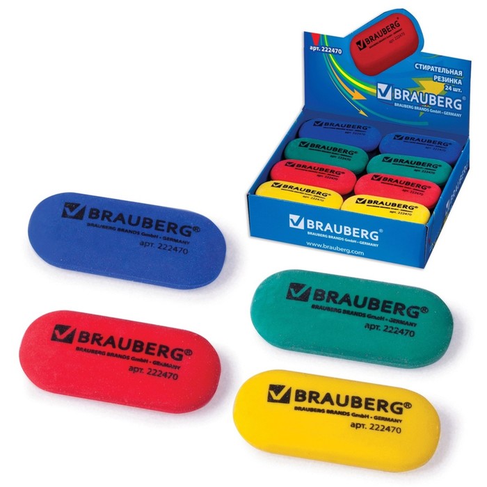 Ластик BRAUBERG, 55х23х10мм, в картонном дисплее, микс