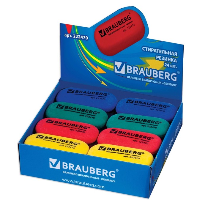 Ластик BRAUBERG, 55х23х10мм, в картонном дисплее, микс