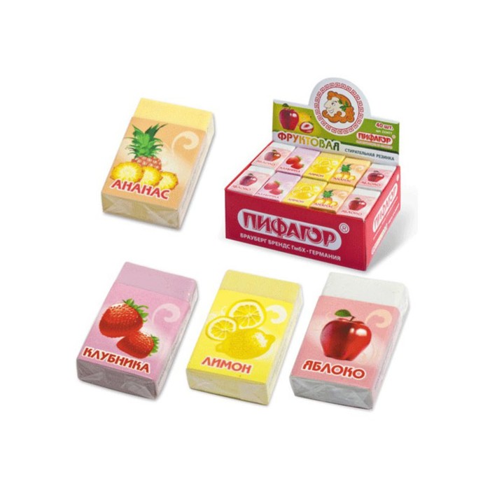 Ластик ПИФАГОР &quot;Фруктовая&quot;, 35х21х9 мм, ароматизир, микс, картонный держатель