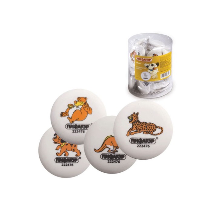 Ластик ПИФАГОР, диаметр 55 мм, с картинкой, белый