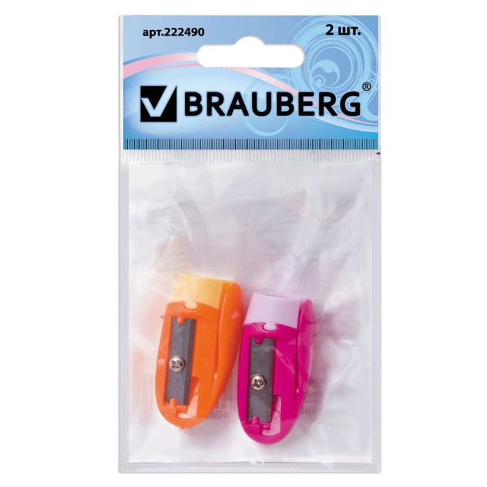 Точилка 1 отверстие BRAUBERG "ErgoClip", с клипом, микс, 2 шт 222490