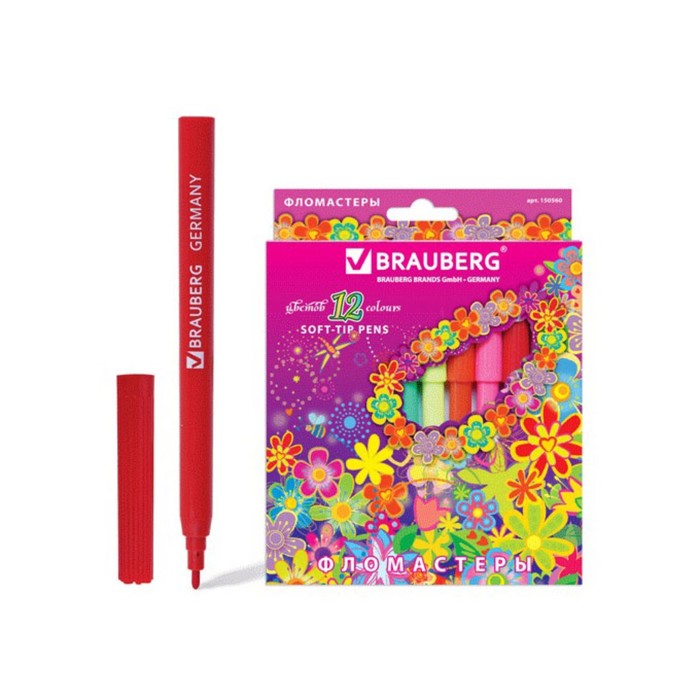 Фломастеры 12 цв BRAUBERG "Blooming flowers", вент.колп, картон упак 150560