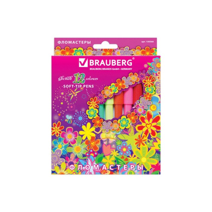 Фломастеры 12 цв BRAUBERG "Blooming flowers", вент.колп, картон упак 150560