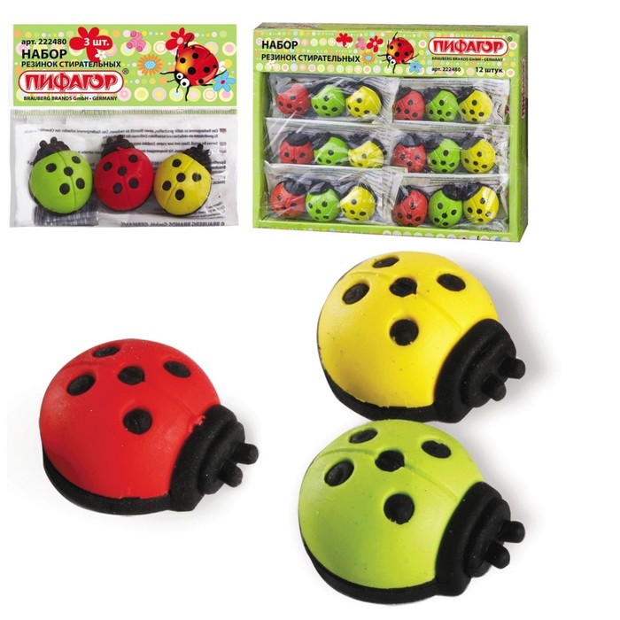 Набор ластиков ПИФАГОР &quot;Божья коровка&quot;, 30x24x15 мм, 3 шт, подвес