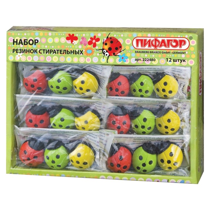 Набор ластиков ПИФАГОР "Божья коровка", 30x24x15 мм, 3 шт, подвес