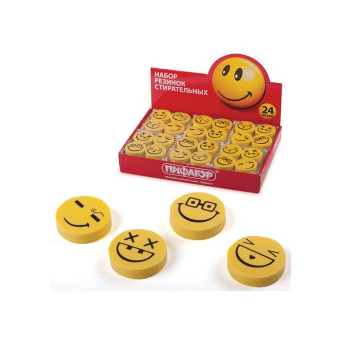 Набор ластиков ПИФАГОР &quot;Смайлики&quot;, 4 шт, жёлто-чёрные, подвес