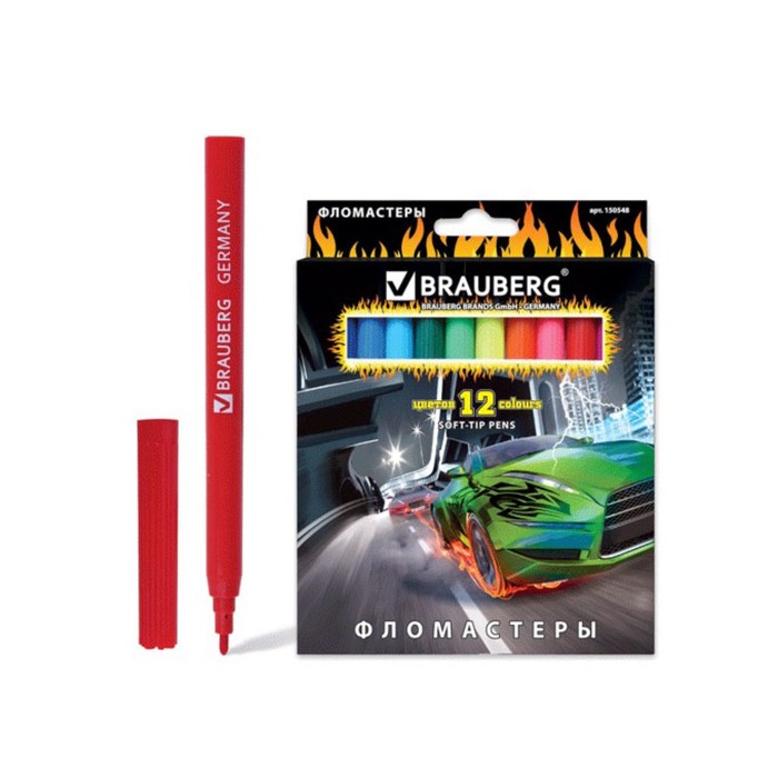 Фломастеры 12 цв BRAUBERG "InstaRacing", вент.колп, картон упак 150548