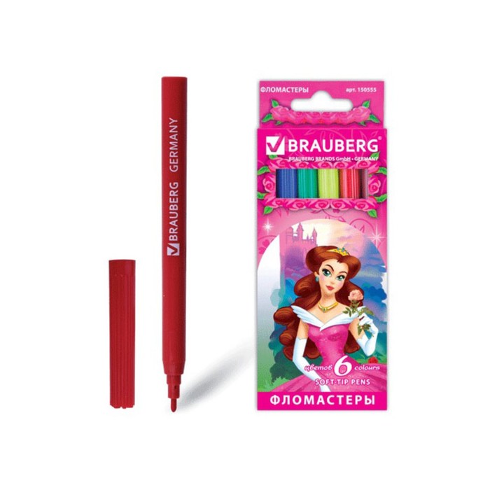 Фломастеры 6 цв BRAUBERG "Rose Angel", вент.колп, картон упак 150555