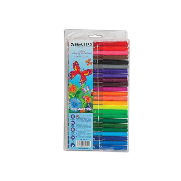 Фломастеры 24 цв BRAUBERG "Wonderful butterfly", вент.колп, пластик. упак 150524