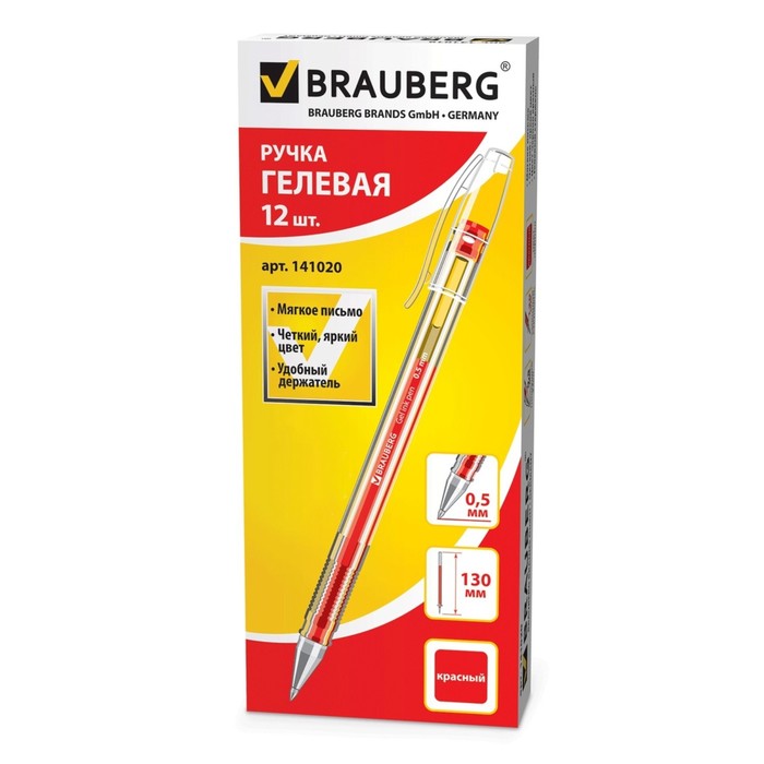 Ручка гелевая BRAUBERG "Jet", узел-игла 0,5мм, стержень красный 141020