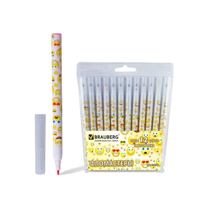 Фломастеры 12 цв BRAUBERG "Смайлики", вент.колп, пластик. упак 150530