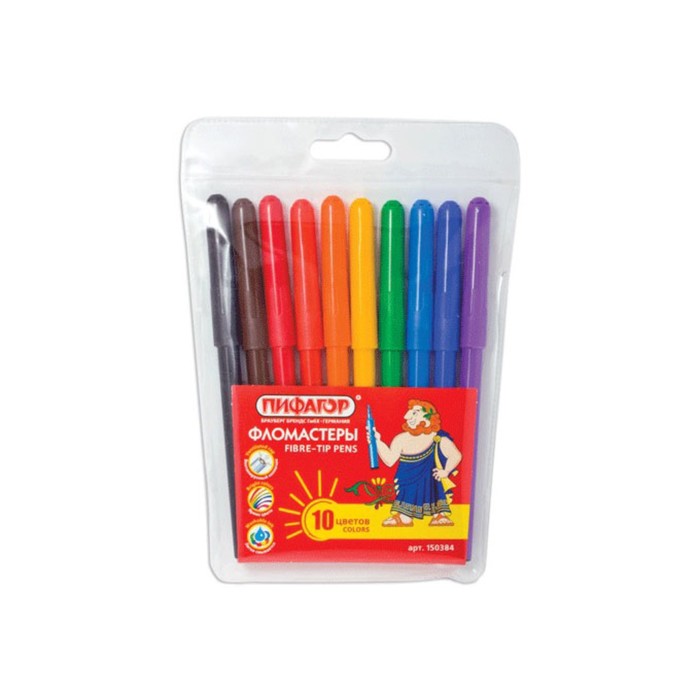 Фломастеры ПИФАГОР, 10 цветов, пластиковая упаковка