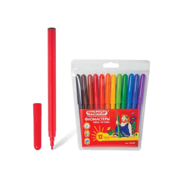 Фломастеры ПИФАГОР, 12 цветов, пластиковая упаковка