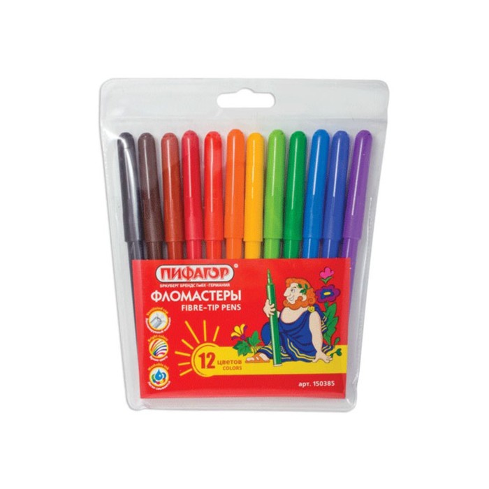 Фломастеры ПИФАГОР, 12 цветов, пластиковая упаковка