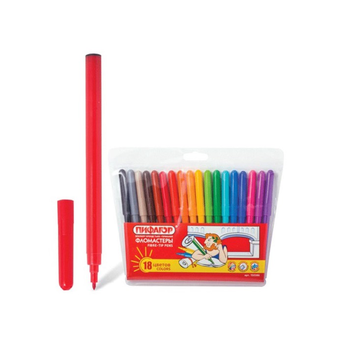 Фломастеры ПИФАГОР, 18 цветов, пластиковая упаковка