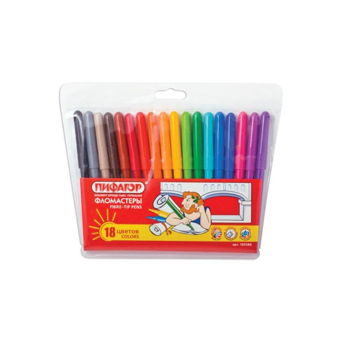 Фломастеры ПИФАГОР, 18 цветов, пластиковая упаковка