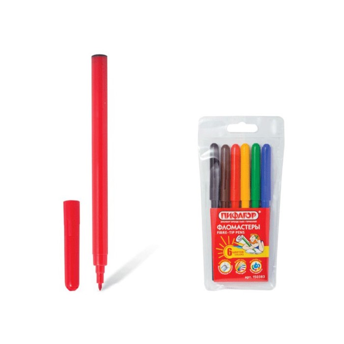 Фломастеры 6 цв ПИФАГОР, вент.колп, пластик. упак 150383