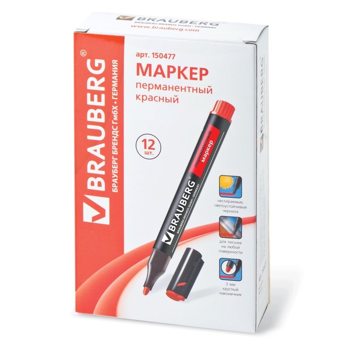 Маркер перманентный 3.0 мм BRAUBERG Energy красный