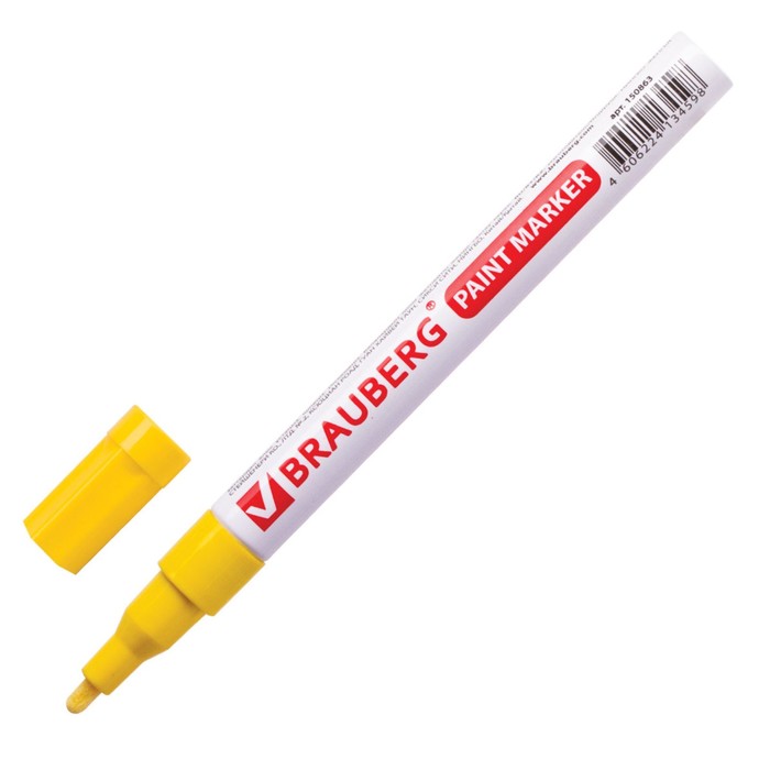 Маркер-краска (лаковый) 2.0 мм BRAUBERG, металлический корпус, желтая нитро-основа