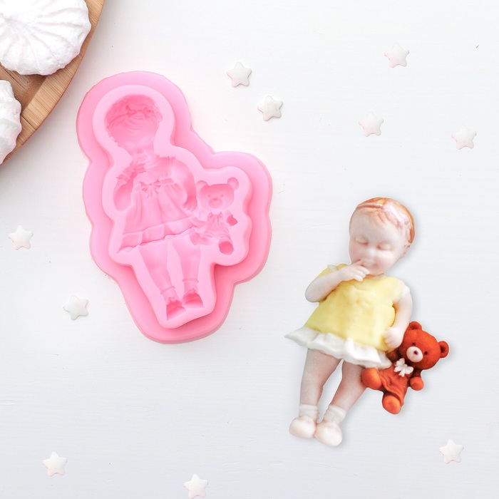 Молд 9х6х2 см "Девочка и мишка", цвет розовый