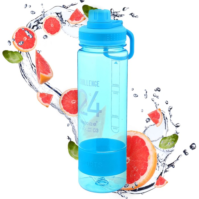 Бутылка для воды 900 мл Challenge 24, силиконовый ремешок внизу, микс, 7х27 см