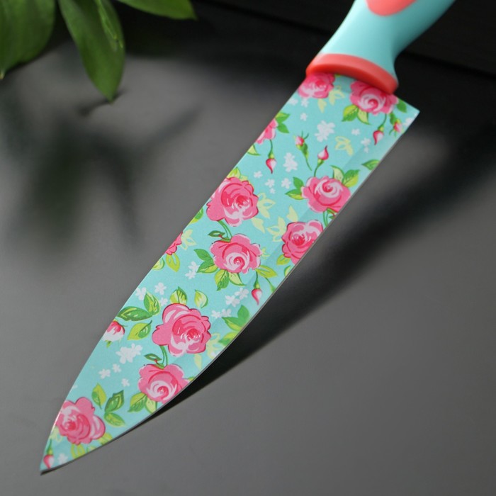 фото Нож кухонный с антиналипающим покрытием доляна «цветочки», лезвие 20 см