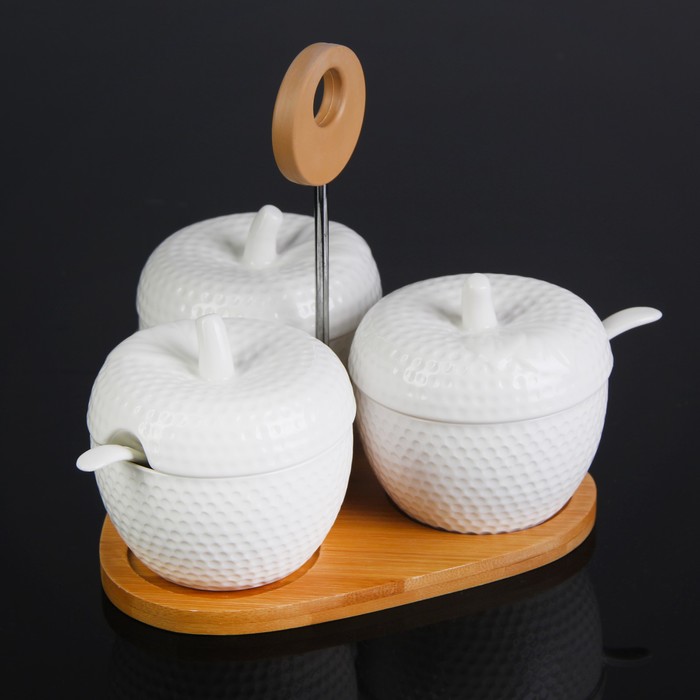 Набор банок для сыпучих продуктов 220 мл "Эстет. Соты", 3 шт, на деревянной подставке, 3 ложки