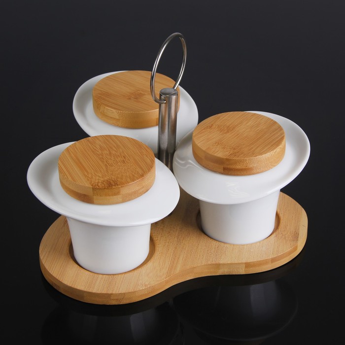 Набор банок для сыпучих продуктов 300 мл "Эстет.Гриб", 3 шт, на деревянной подставке
