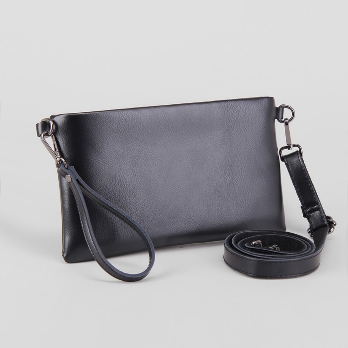 Клатч женский, отдел с перегородкой на молнии, наружный карман, ручка, длинный ремень, цвет чёрный