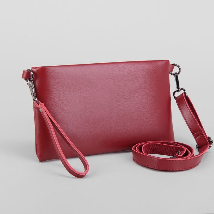Клатч женский, отдел с перегородкой на молнии, наружный карман, ручка, длинный ремень, цвет бордовый