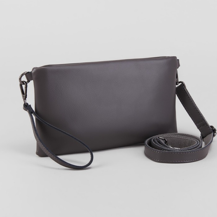 Клатч женский, отдел с перегородкой на молнии, наружный карман, ручка, длинный ремень, цвет серый