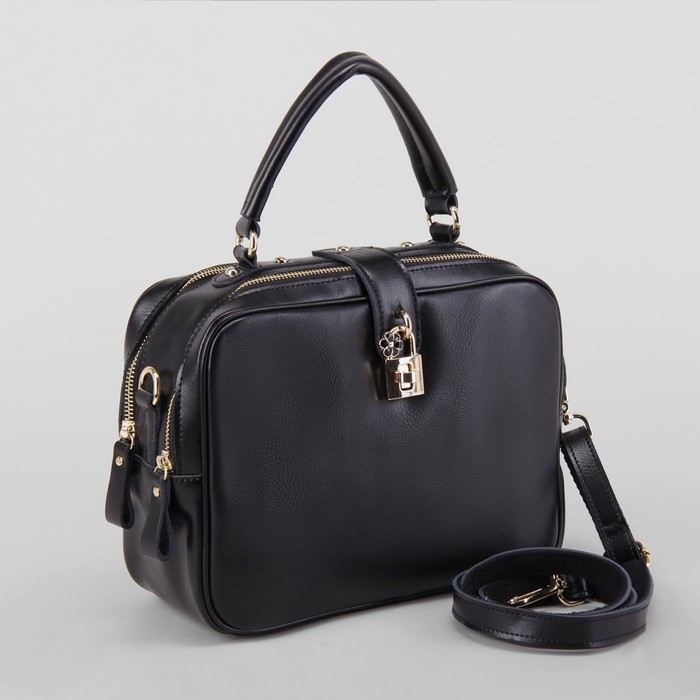 Сумка женская, 2 отдела на молниях, наружный карман, длинный ремень, цвет чёрный