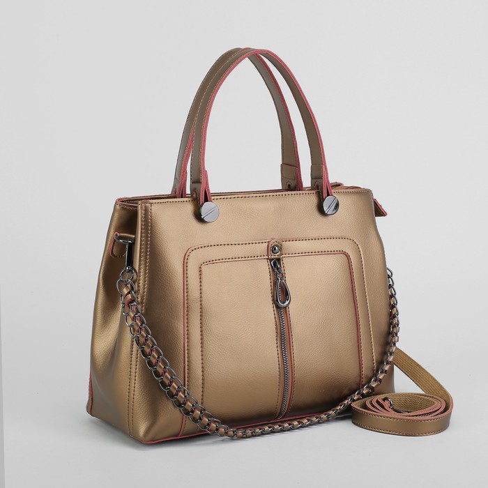 Сумка женская, отдел с перегородкой на молнии, 2 наружных кармана, длинный ремень, цвет золотой