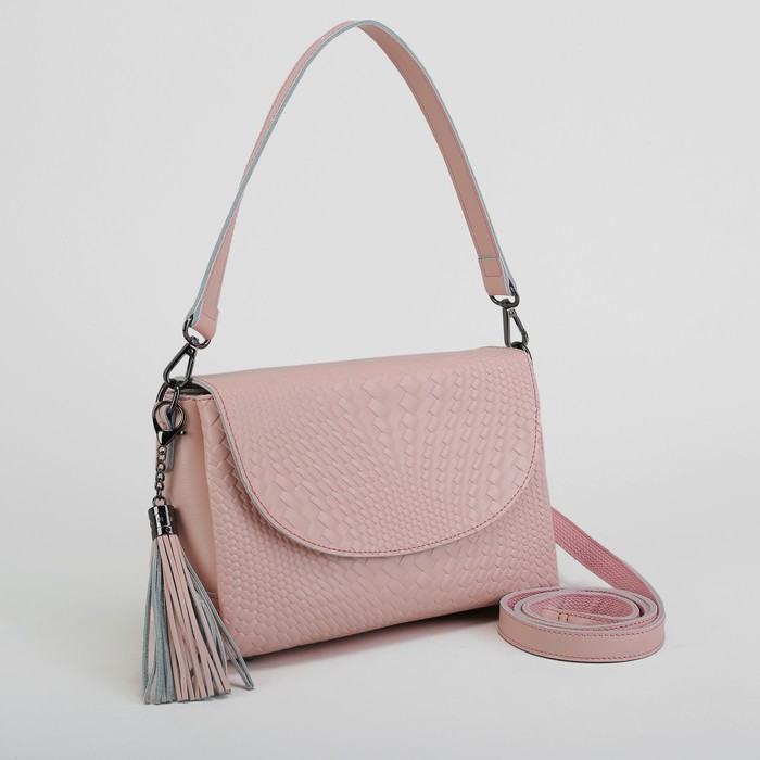 Сумка женская, 3 отдела на клапане, наружный карман, длинный ремень, цвет розовый