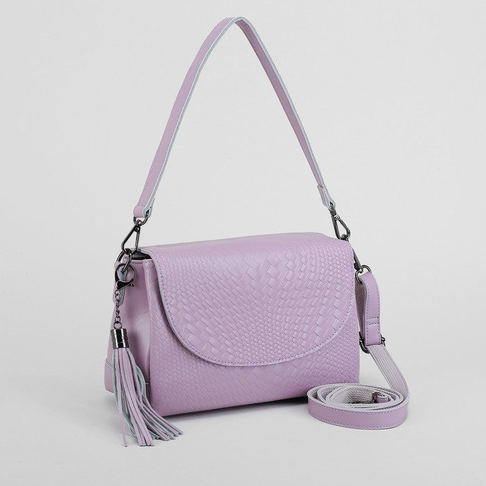 Сумка женская, 3 отдела на клапане, наружный карман, длинный ремень, цвет сиреневый