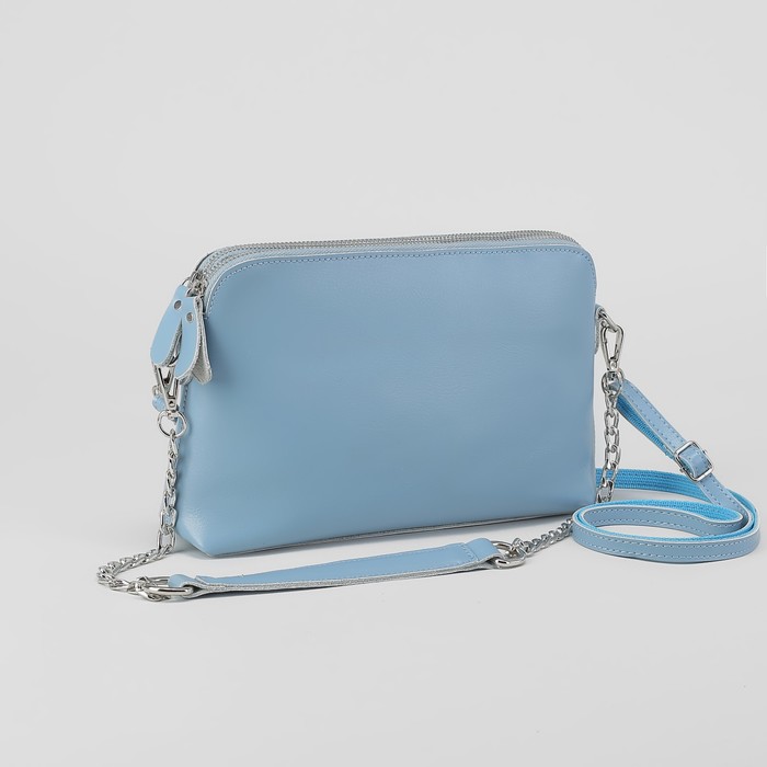Сумка женская, 2 отдела на молниях, наружный карман, длинный ремень, цвет голубой