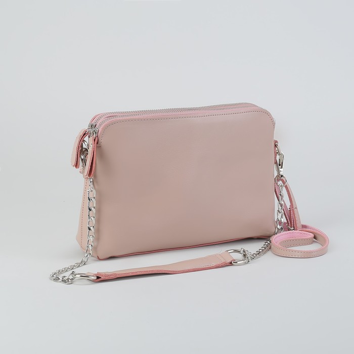Сумка женская, 2 отдела на молниях, наружный карман, длинный ремень, цвет розовый