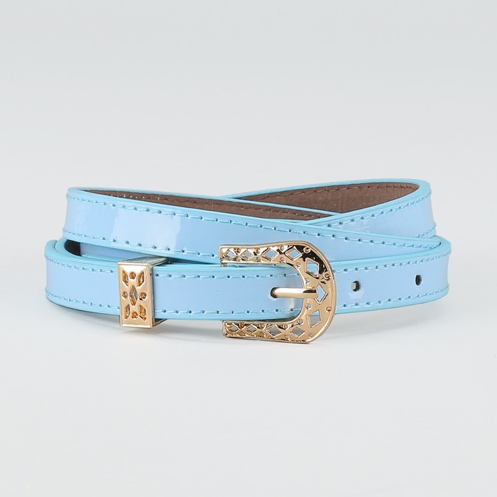 Ремень женский "Аманда", пряжка и хомут под золото, 2 строчки, цвет голубой