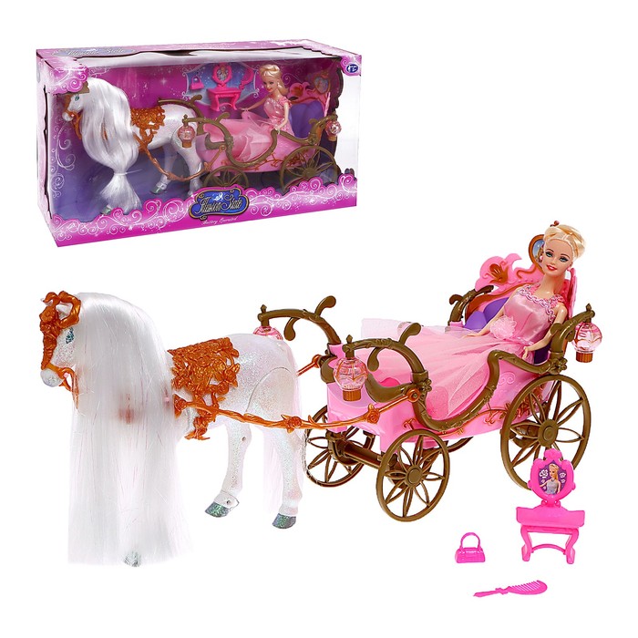 Лошадка ходит с каретой + кукла, световые и звуковые эффекты